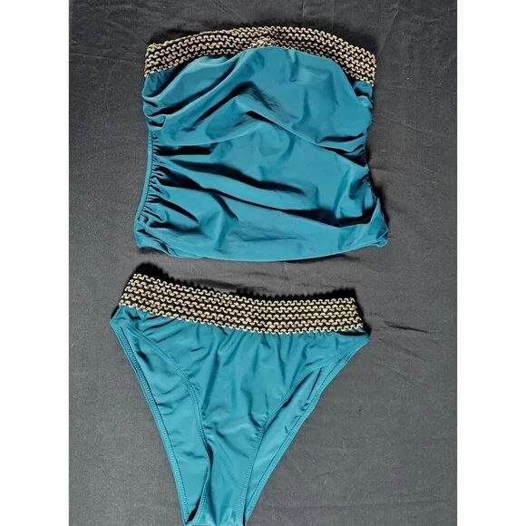 Medium Strapless Bandeau Tankini Swimsuit Set Teal Blue Ruched 2-Piece NWOT - Picture 2 of 10